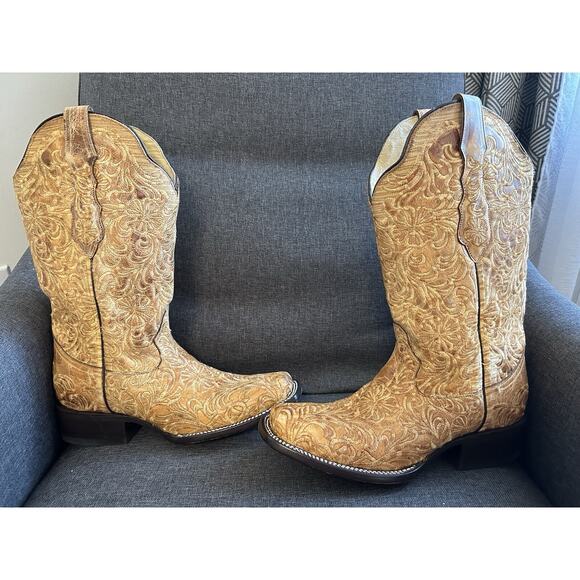 Corral Tan Leather Floral Embroidered Western Boots Square Toe Cowgirl Size 8 M - Picture 5 of 12